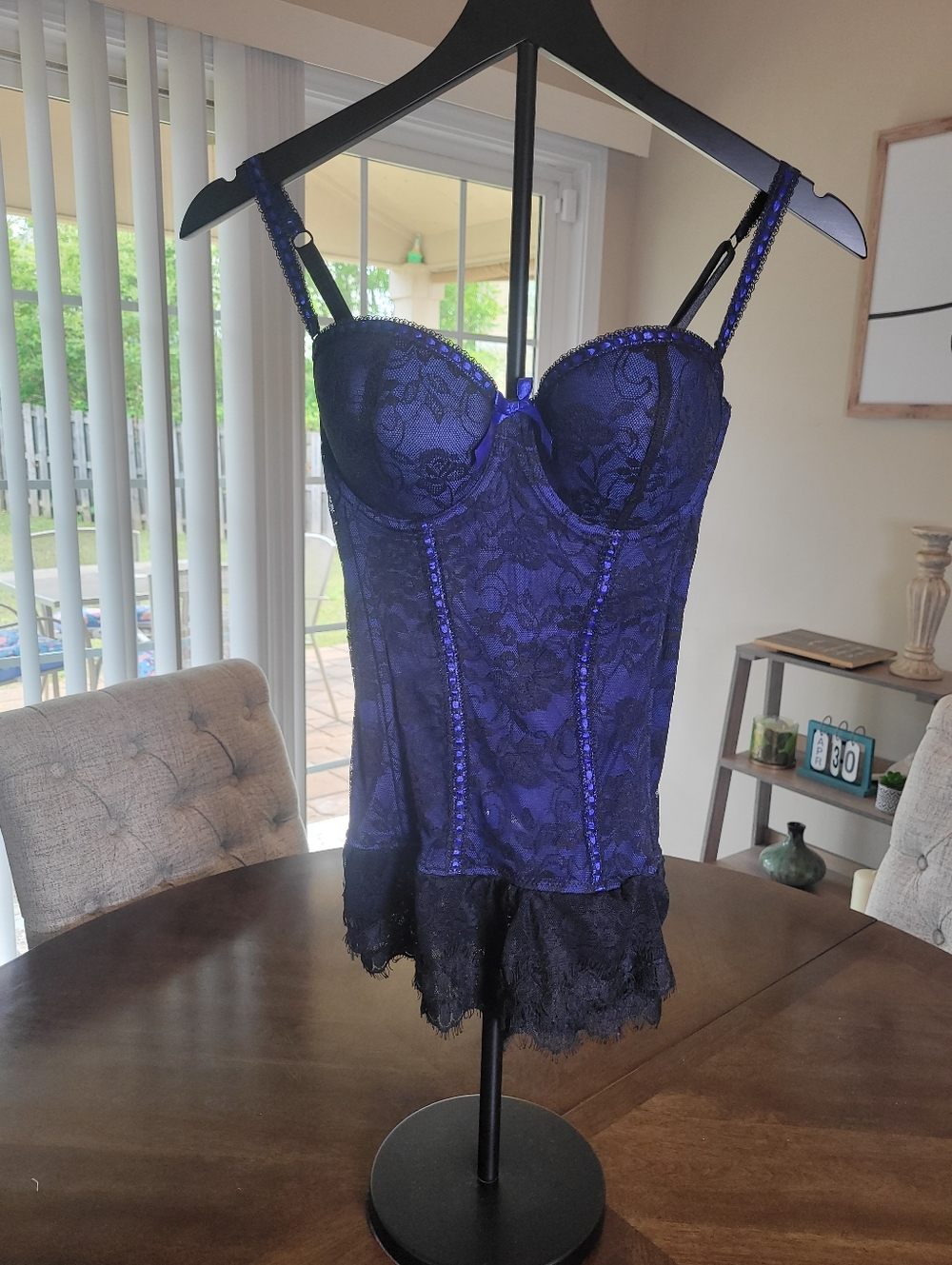 Black/Blue Lace Bustier Camisole with Bow Detail by Seven til Midnight.  Size XL